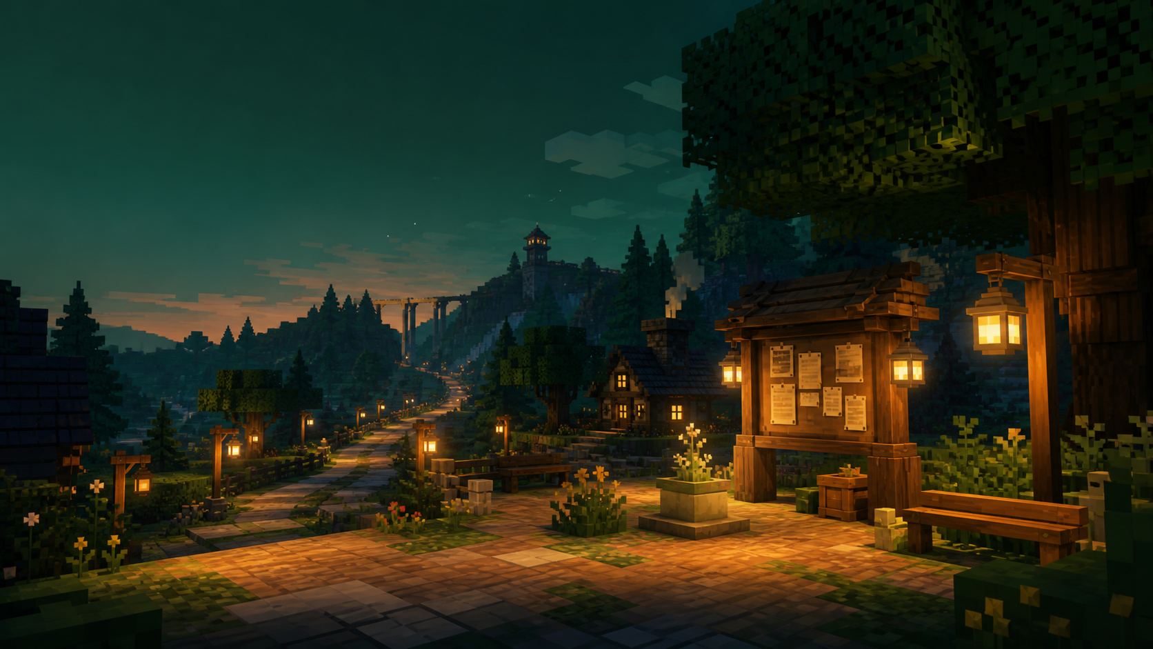 Original illustration of a lantern-lit communal village and notice board at dusk